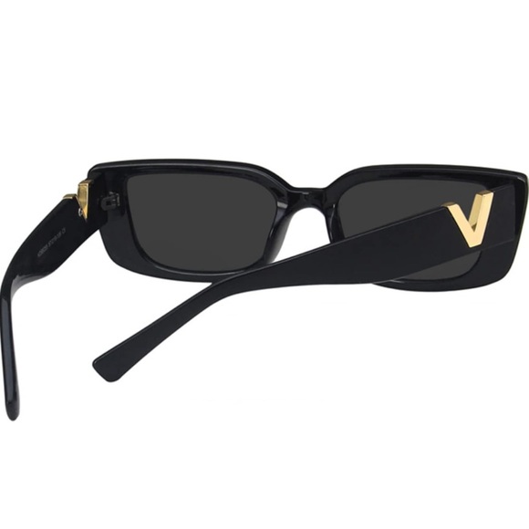 156. NEW| Modern Gold V Accent Rectangular Shape Black Sunglasses - Picture 3 of 10